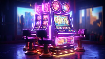 a neon gambling machine, surrounded by red chairs. Fantasy concept , Illustration painting. - obrazy, fototapety, plakaty