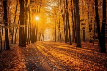 Forest path with orange and yellow trees in autumn. Golden landscape with sun rays and yellow leaves on the ground. Generative AI