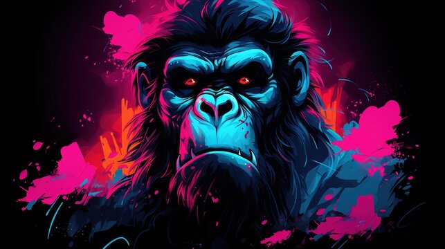 a gorilla's head in bright colors with a paint splatter background. Fantasy concept , Illustration painting.