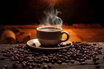 coffee cup with steam surrounded by coffee beans. High quality photo