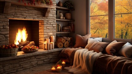 A cozy fireplace nook with autumn decor, plush seating, and the high-resolution camera capturing the warmth and charm of this intimate fall-inspired space.