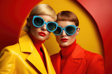 Two women wearing sunglasses standing next to each other. This image can be used to represent friendship, summer vibes, or stylish women enjoying sunny day. - obrazy, fototapety, plakaty