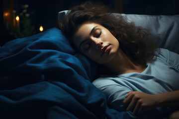 Fototapeta premium Woman laying in bed with her eyes closed, finding peace and relaxation. Suitable for health and wellness, meditation, and sleep-related themes.