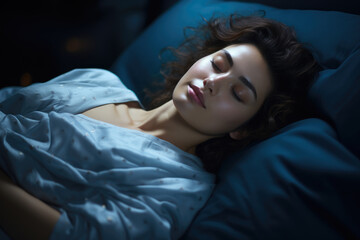 Woman is seen laying in bed with her eyes peacefully closed. Relaxation, sleep, or tranquility. Perfect for lifestyle blogs, wellness websites, or articles about self-care.
