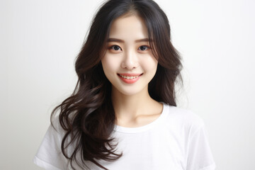 Woman with long dark hair wearing white shirt. This versatile image can be used in various contexts.