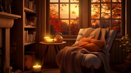 A cozy reading corner with fall-themed pillows and warm lighting, the high-definition camera capturing the inviting and literary atmosphere.