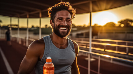 a photo of a latino male sprinter athlete on a track holding in his hand and drinking cold isotonic sports water drink. sweaty after exercises. blurry stadium background. Generative AI - obrazy, fototapety, plakaty