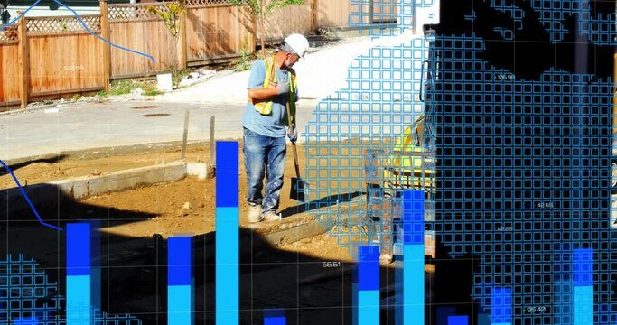 Animation of financial data processing over male builder in construction site