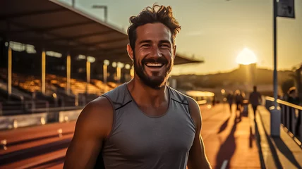 Stickers pour porte Chemin de fer a photo of a latino male sprinter athlete on a track holding in his hand and drinking cold isotonic sports water drink. sweaty after exercises. blurry stadium background. Generative AI