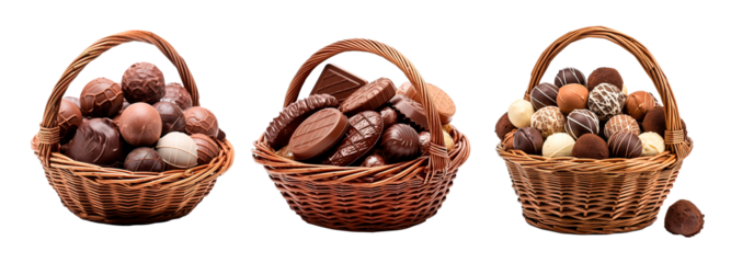Three gourmet chocolate truffles on wicker basket over isolated transparent background