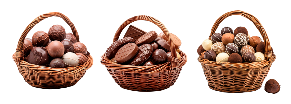 Three gourmet chocolate truffles on wicker basket over isolated transparent background