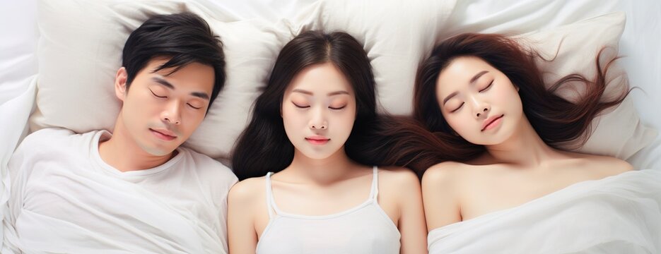 Top view of an Asian trouple sleeping in bed, a relationship of three people, polygamic concept