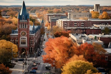 An overhead view of downtown New Haven in the autumn. Generative AI - obrazy, fototapety, plakaty