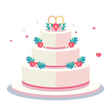 Wedding cake with small hearts around it, flat style vector illustration, Wedding cake with a decoration on top of it, stock vector image