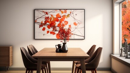 A minimalist dining room with subtle autumnal touches, the HD camera showcasing the clean design with pops of fall colors, creating a modern and seasonal space.