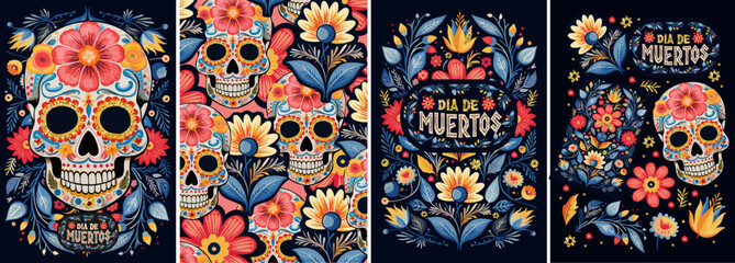 Dia De Muertos. Day of the Dead, Mexican holiday. Vector abstract illustrations of skull, plant and flowers, pattern, ornament for backgrounds, greeting cards or poster.  - 664115266