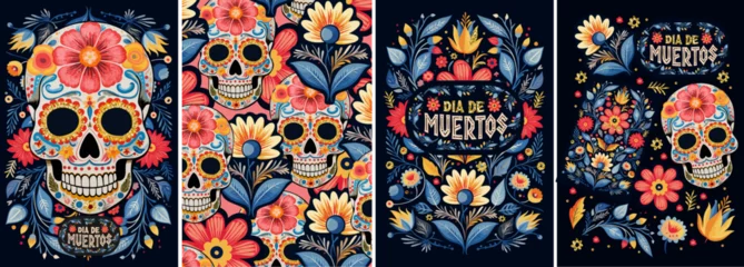 Fotobehang Dia De Muertos. Day of the Dead, Mexican holiday. Vector abstract illustrations of skull, plant and flowers, pattern, ornament for backgrounds, greeting cards or poster.  © Ardea-studio