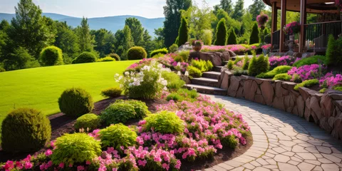 Tuinposter Landscaped home garden with retaining wall, tiled path and flowers in summer, scenery of upscale backyard with walkway, lawn and plants. Concept of landscaping, design © scaliger