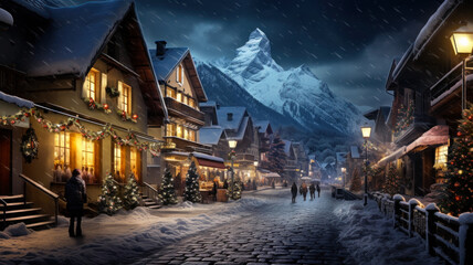 Ski resort houses decorated for Christmas, mountain village or town street in winter at night. Wooden chalets covered with snow in evening lights. Theme of travel