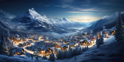 Mountain landscape with village in winter, houses covered snow at night, scenery of ski resort in evening lights on Christmas. Theme of travel, New Year holiday - obrazy, fototapety, plakaty