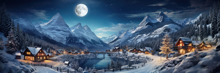 Mountain landscape with ski resort in lights at night, panoramic view of village, snow, sky and moon in winter on Christmas. Theme of travel, wide banner
