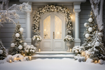 Christmas decoration of house porch, white front door on winter holiday, wooden home entrance with trees, garland, snow and candles. Theme of design, xmas - obrazy, fototapety, plakaty