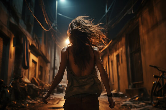 Lost young woman walks away down dirty street at night, lonely adult girl escapes in dark city. Female person like in thriller or horror movie. Concept of terror
