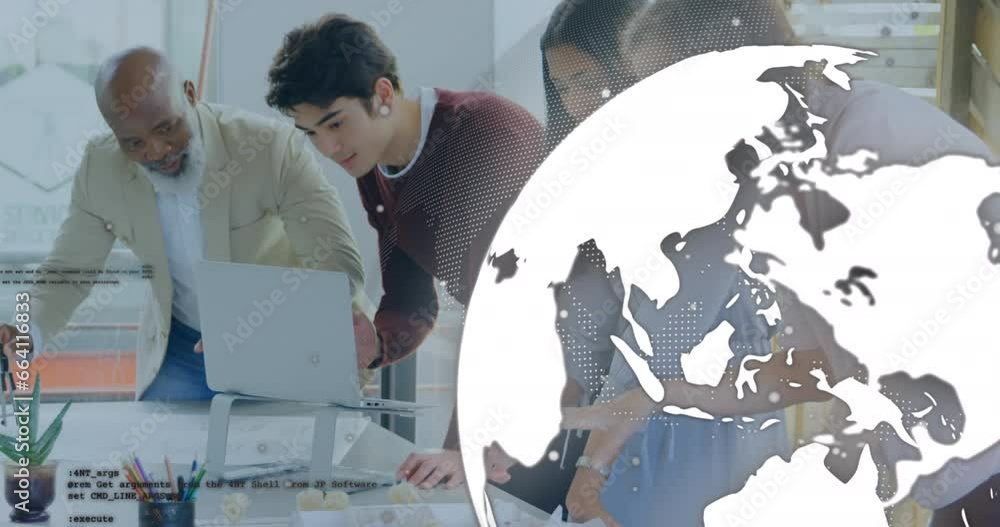 Poster animation of spinning globe and data processing against diverse colleagues discussing at office