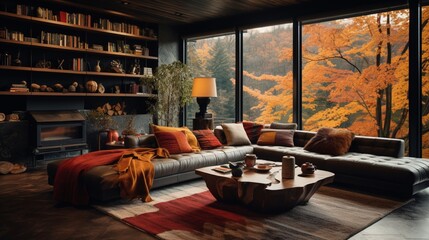 Obraz na płótnie Canvas A modern living room with fall-inspired textiles, warm-toned decor, and the HD camera capturing the contemporary and autumnal design.