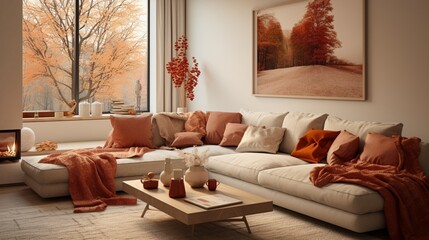 A modern living room with fall-inspired textiles, warm-toned decor, and the HD camera capturing the contemporary and autumnal design.