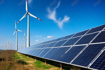 Renewable energy: solar panels and windmills. Generative AI
