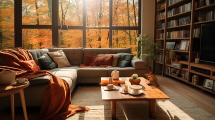 A modern living room with fall-inspired textiles, warm-toned decor, and the HD camera capturing the contemporary and autumnal design.