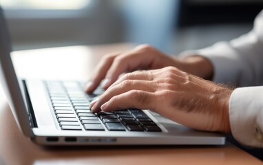 A close-up of businessman hands on a keyboard during a busy working day