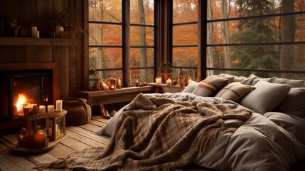 A rustic bedroom with earthy tones, soft blankets, and fall foliage accents, the high-definition camera capturing the serene and autumn-inspired ambiance.