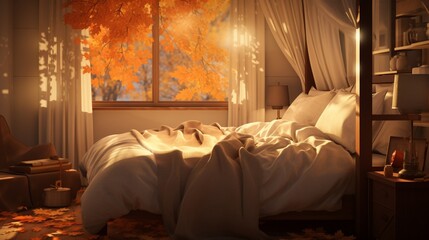 A serene bedroom with soft autumnal hues, featuring a canopy of fall leaves and warm lighting, the HD camera highlighting the tranquil and seasonal ambiance.