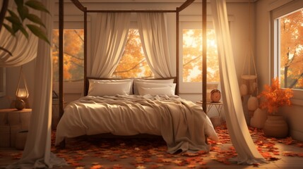 A serene bedroom with soft autumnal hues, featuring a canopy of fall leaves and warm lighting, the HD camera highlighting the tranquil and seasonal ambiance.