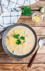 Traditional recipe of broccoli cheese soup with potato in a bowl