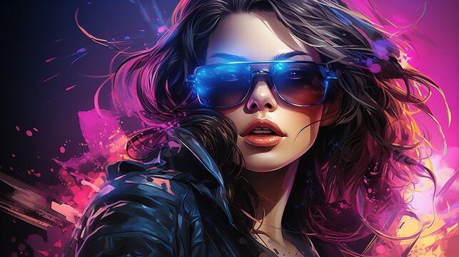 Fototapeta a beautiful lady with sunglasses is in a color splash. Fantasy concept , Illustration painting.
