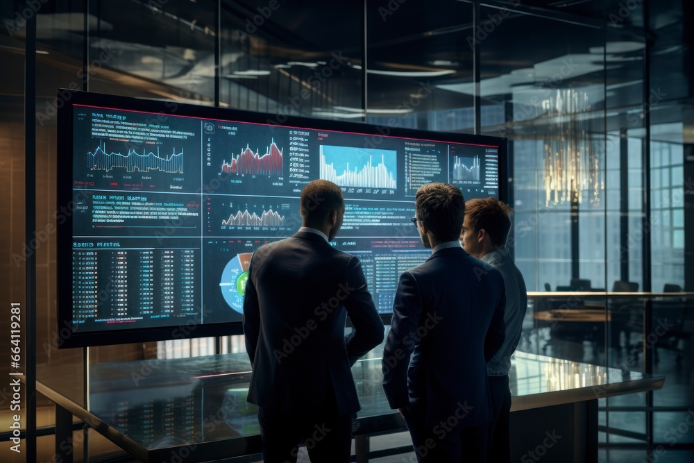 Poster a captivating image of a group of financial analysts and traders discussing market strategies in a m