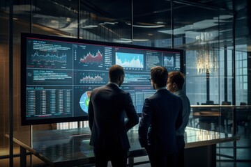 A captivating image of a group of financial analysts and traders discussing market strategies in a modern, glass-walled trading room, highlighting the collaborative and data-driven nature of contempor