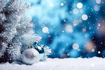 Naklejka na ściany i meble Christmas baubles in the snow with a snow covered fir tree set against a blue bokeh background of lights and snow festive Christmas card greeting image background wallpaper