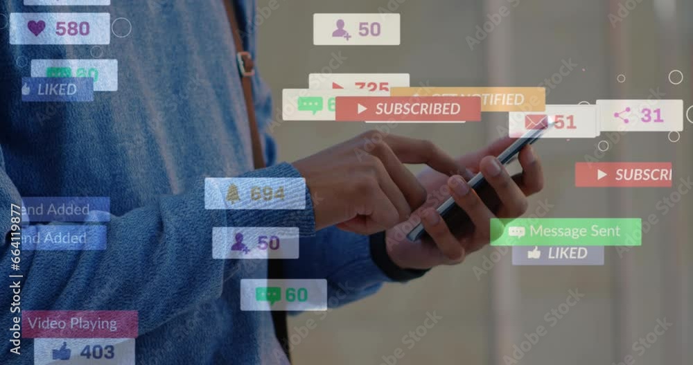 Poster animation of social media icons floating against mid section of man using smartphone