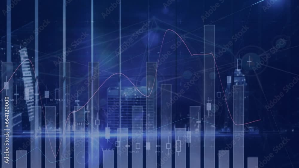 Aufkleber animation of statistical data processing and blue light trails against view of cityscape