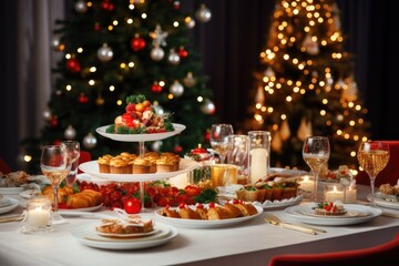The festive feast set on the table amidst the backdrop of the beautifully adorned Christmas tree