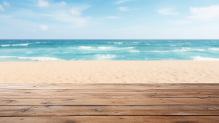 Fototapeta premium Product background for montage, empty wooden surface with blurred sea beach on the background