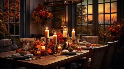 Fototapeta na wymiar A sophisticated dining room with autumn-inspired table settings and warm lighting, the high-resolution camera capturing the elegant and festive ambiance.