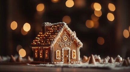 Gingerbread house background. Homemade Christmas Gingerbread House on table over blurred bokeh background. Christmas background with copy space. Happy new year and happy winter holidays concept - obrazy, fototapety, plakaty