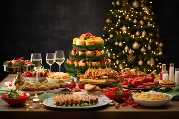 Naklejka premium The holiday meal arranged on the dining table with the Christmas tree forming a picturesque setting behind