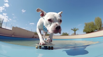 Pit bull dog is skateboarding, dynamic and a skillful pit bull skateboarder executing a stylish trick, at Skate pool - obrazy, fototapety, plakaty