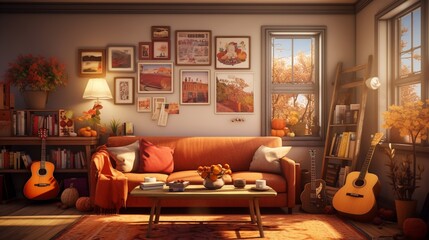 A vibrant and eclectic living room with autumn-themed artwork, cozy throws, and warm lighting, the HD camera showcasing the energetic and cozy atmosphere.